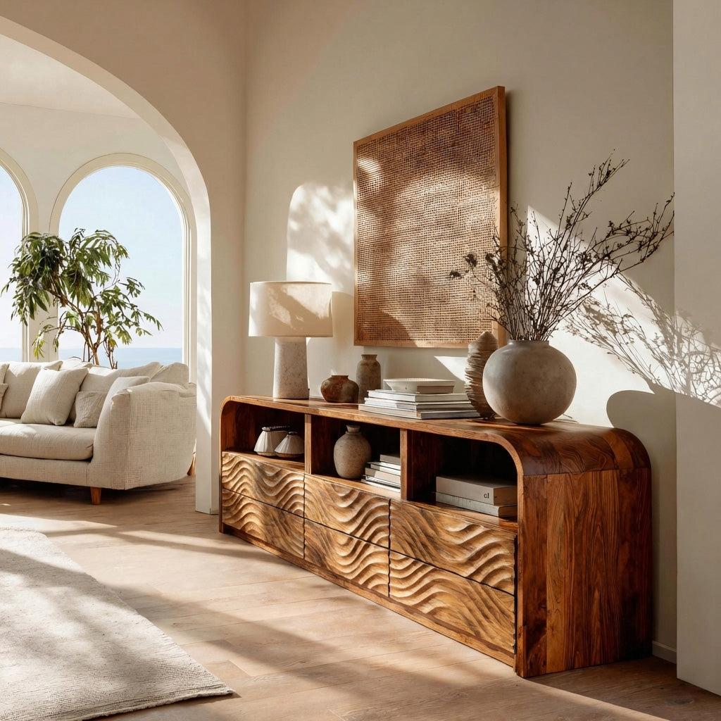 Luxury Natural Wood Sideboard, Handcrafted Solid Wood Credenza Storage Cabinet & Buffet for Living Room, Model