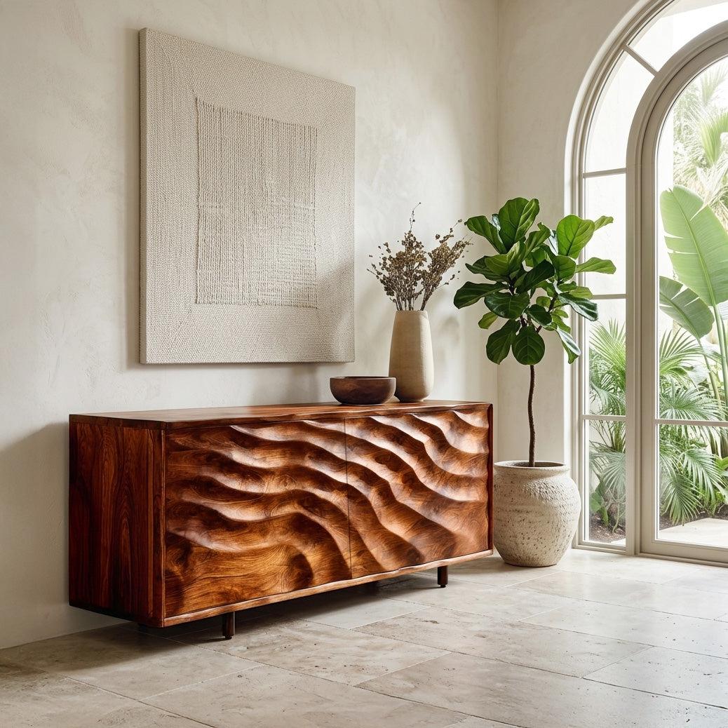 Spry Interior Contemporary Wooden Sideboard with Carved Doors, Handcrafted Solid Wood Credenza Storage Cabinet for Home, Model RTTHHNSD042