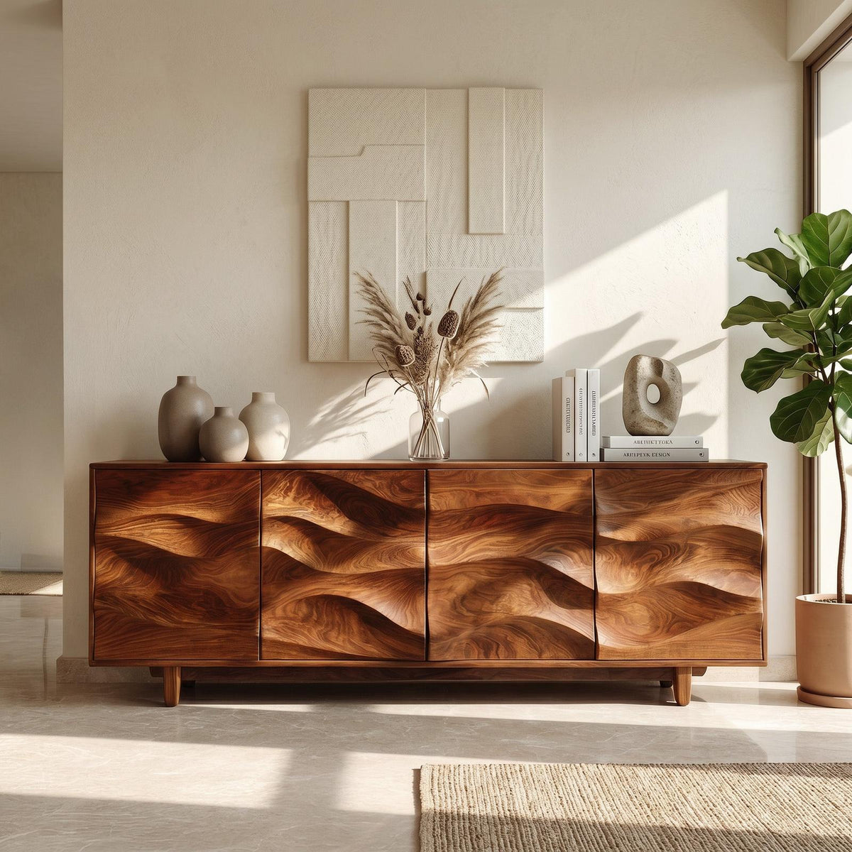 Rustic Wooden Sideboard with Undulating Doors, Handcrafted Solid Wood Credenza Storage Cabinet for Living Room, Model