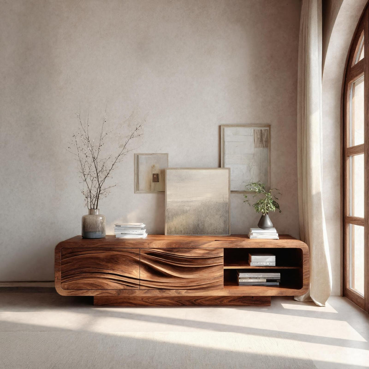 Spry Interior Modern Organic Sculpted Sideboard, Handcrafted Solid Wood Credenza Cabinet & Buffet for Living Room Dining, Model RTTHHNSD025