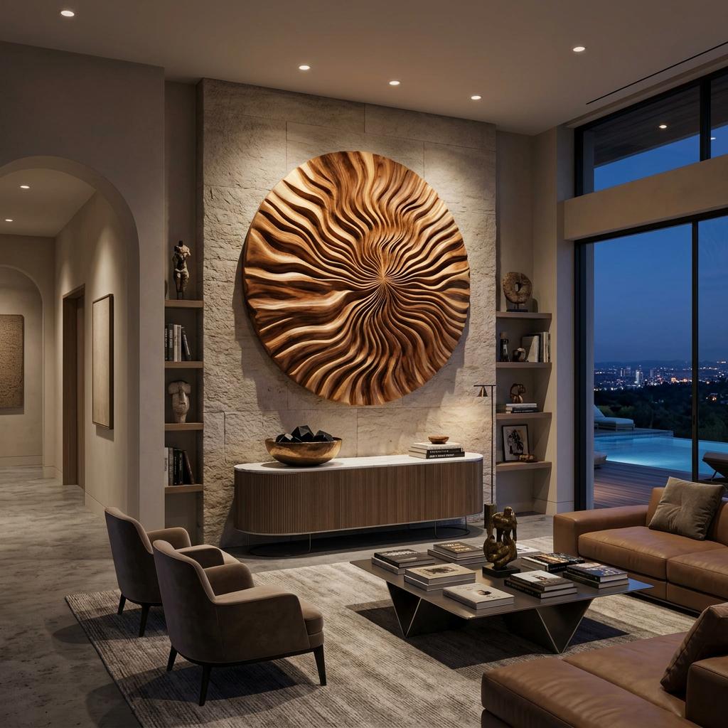 Round Wood Wall Art, 3D Ocean Wave Design Carved Wooden Panel, Modern Coastal Decor for Entryway & Bedroom