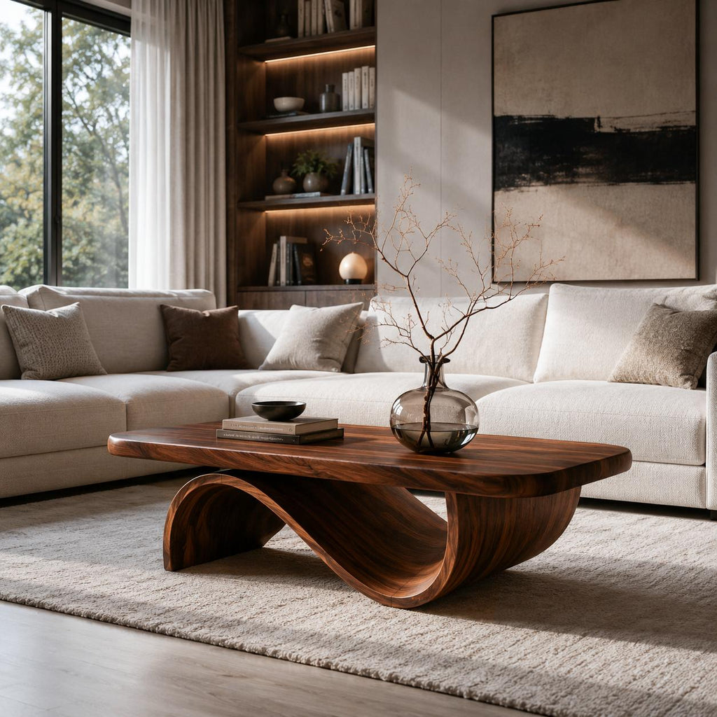 Artistic Wooden Coffee Table with Curved Base, Modern Sculptural Center Table for Living Room Decor, Model