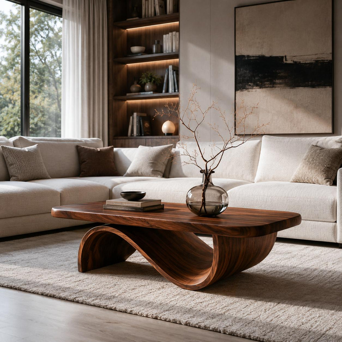 Artistic Wooden Coffee Table with Curved Base, Modern Sculptural Center Table for Living Room Decor, Model