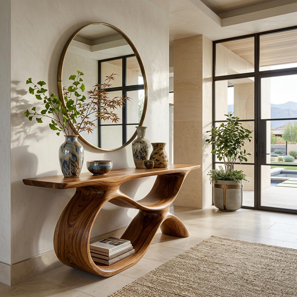 Modern Wooden Console Table with Curved Open Storage, Handcrafted Entryway Table for Hallway & Living Room, Model
