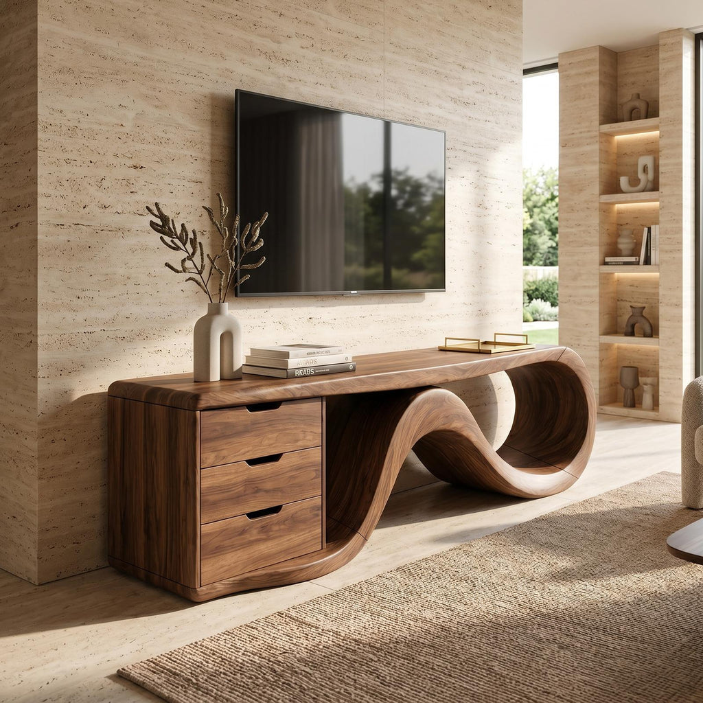 Wave Form Wooden Media Console Luxury Residence