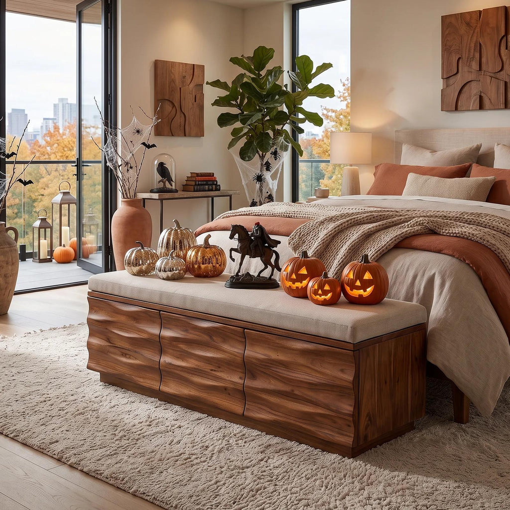 Modern Wave Storage Bench Cushion For Halloween Fall Decor