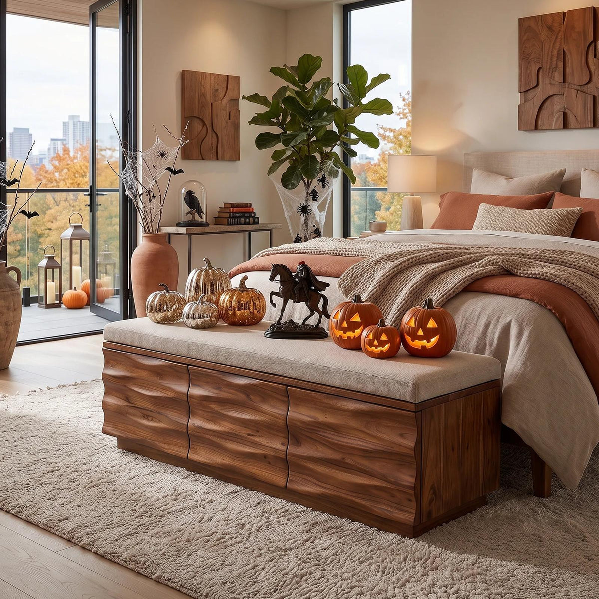 Modern Wave Storage Bench Cushion For Halloween Fall Decor