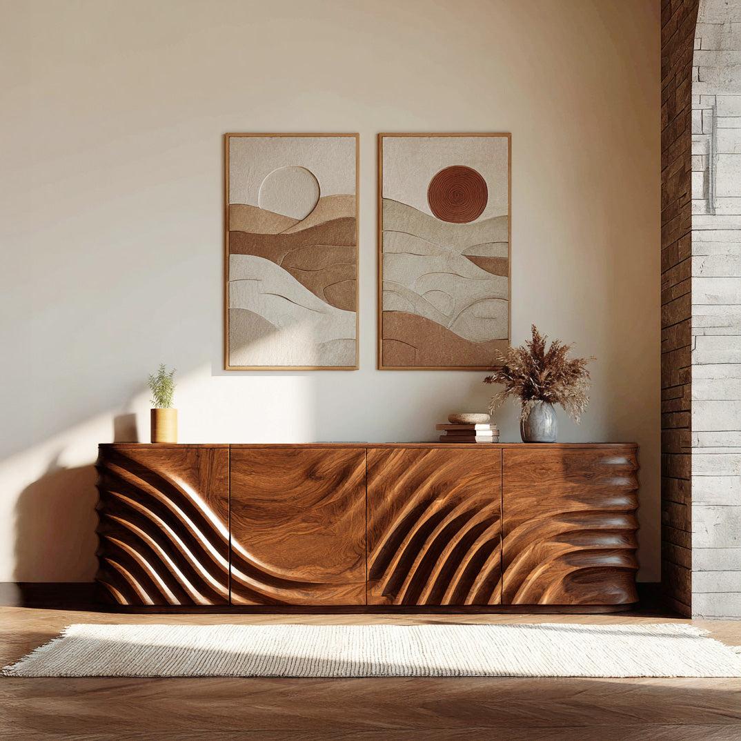 Spry Interior Modern Wooden Sideboard with Carved Door, Handcrafted Solid Wood Credenza Cabinet for Minimalist Living Space, Model RTTHHNSD039