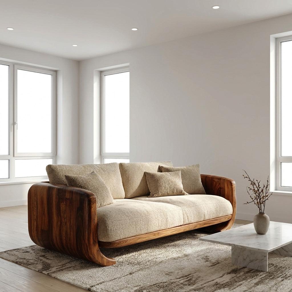 Organic Modern Curved Wood Sofa, Contemporary Lounge Settee, Artistic Designer Couch for Living Room Decor