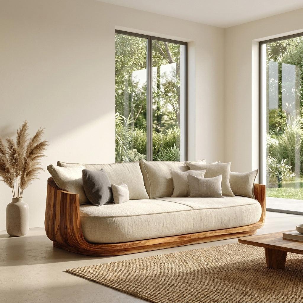 Modern Wooden Sofa with Flowing Rounded Edges, Contemporary Settee Loveseat, Living Room Designer Couch