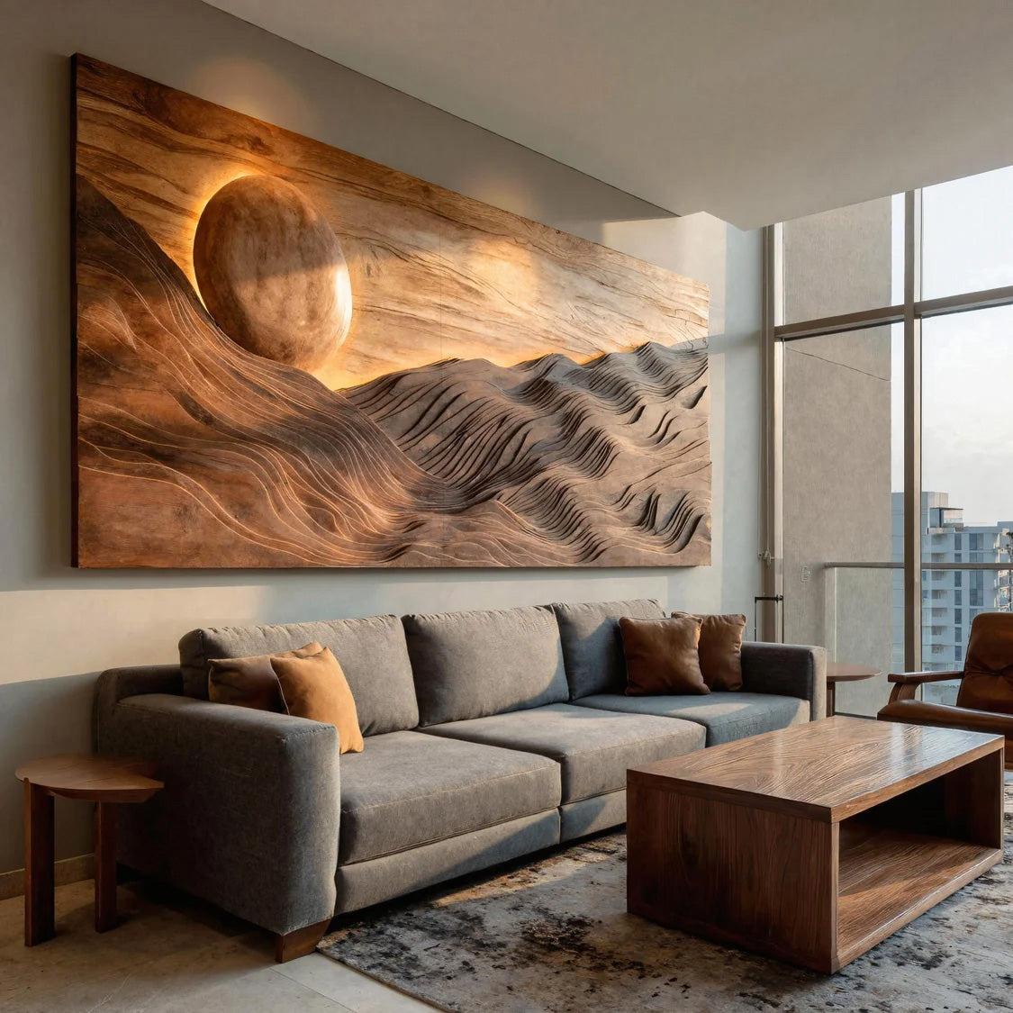 Large Sun Over Mountains Wooden Wall Art, Rustic Sunset Landscape 3D Wood Sculpture Panel for Home
