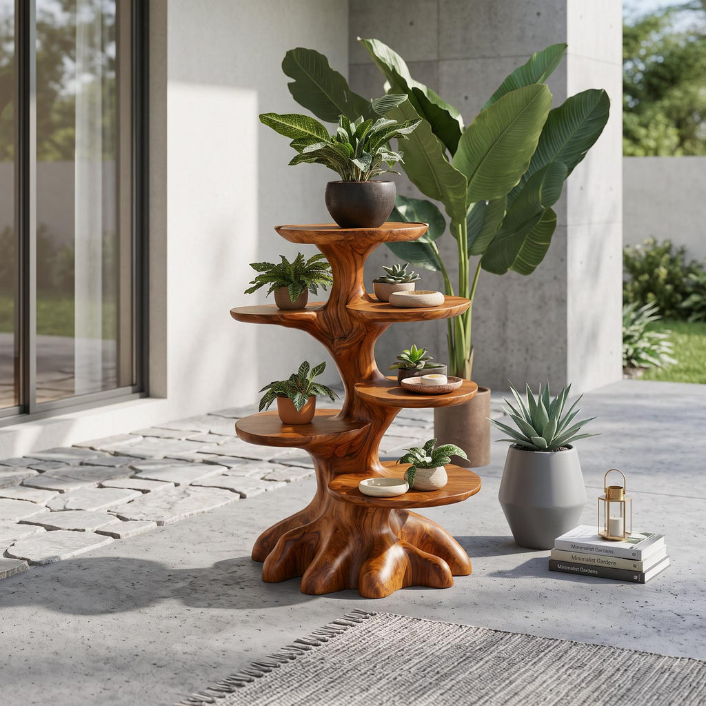 Rustic Indoor Plant Stand With Tree Stump Form For Sunroom And Patio SINLSAPT031