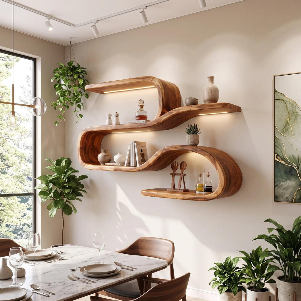 Mid Century Curved Wood Shelves for Coffee Bar