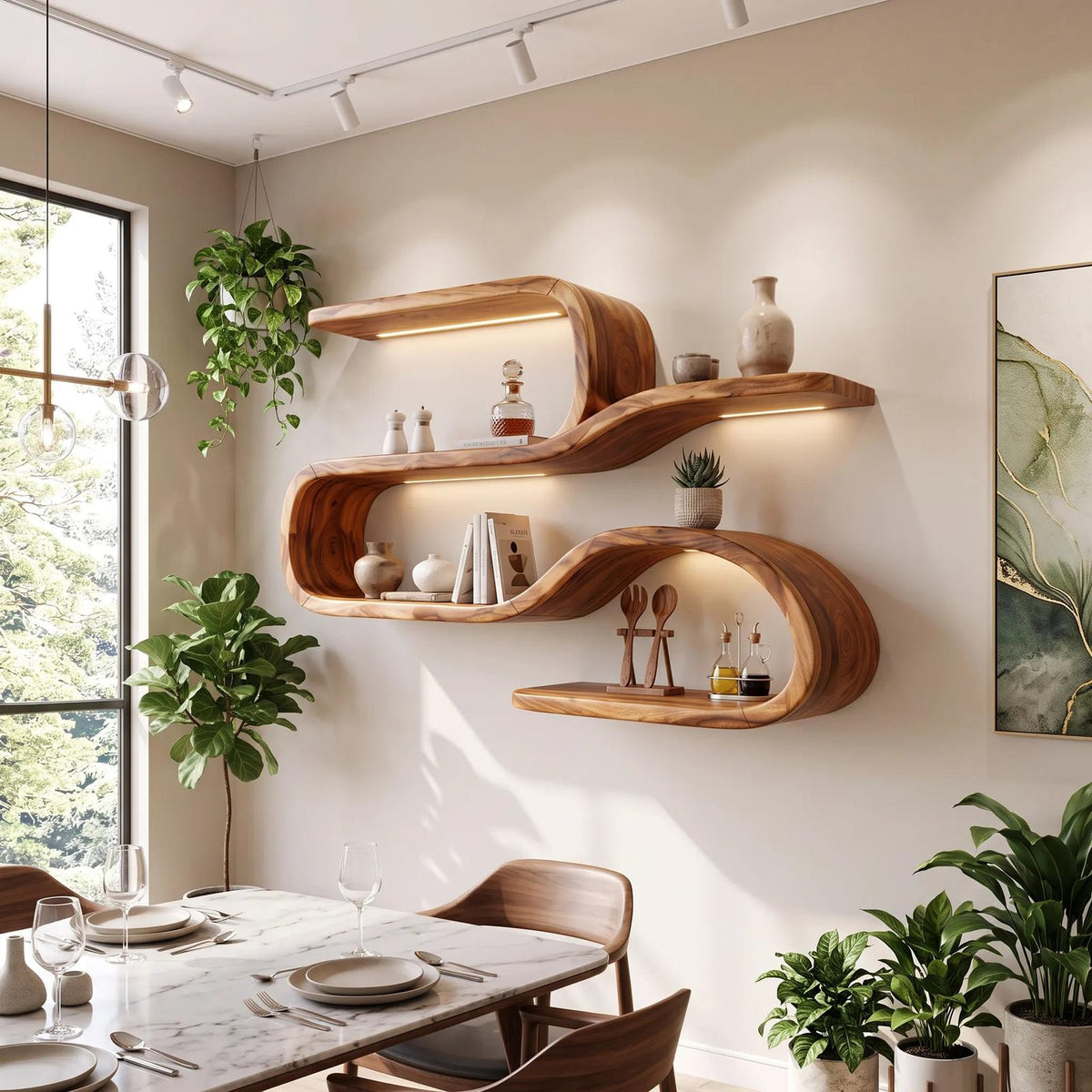 Mid Century Curved Wood Shelves for Coffee Bar