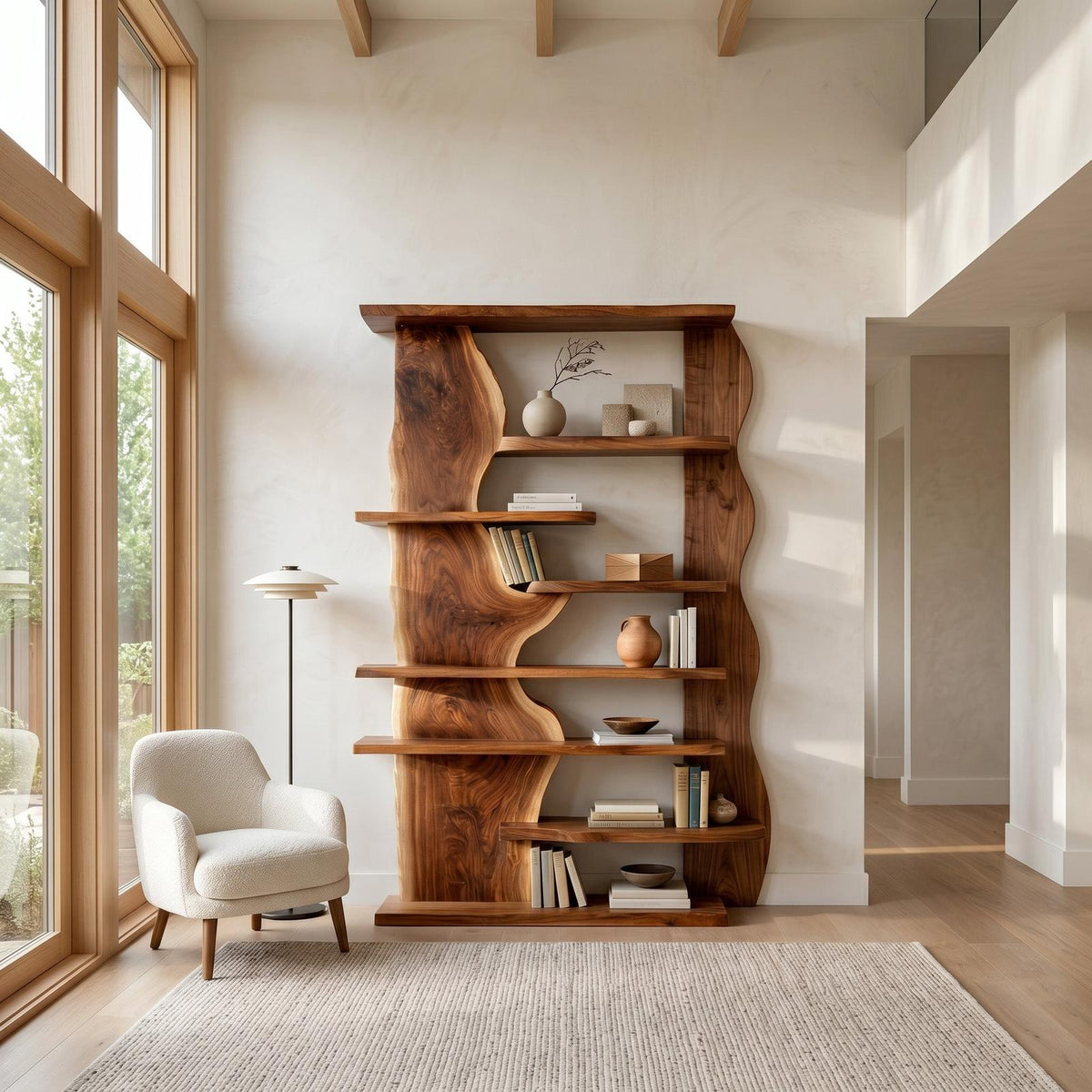 Organic Live Edge Wooden Standing Shelf, Rustic Tiered Bookcase Natural Slab Wood Display Rack for Living Room