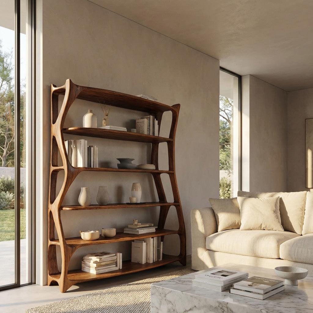 Elegant Wooden Standing Shelf with Storage Tiers, Modern Timber Bookcase Display Rack for Living Room Decor
