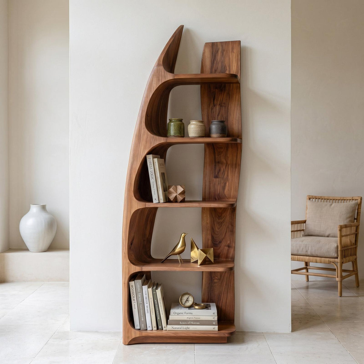Organic Sculptural Wooden Standing Shelf, Artistic Tiered Bookcase Display Rack for Entryway Hallway Decor