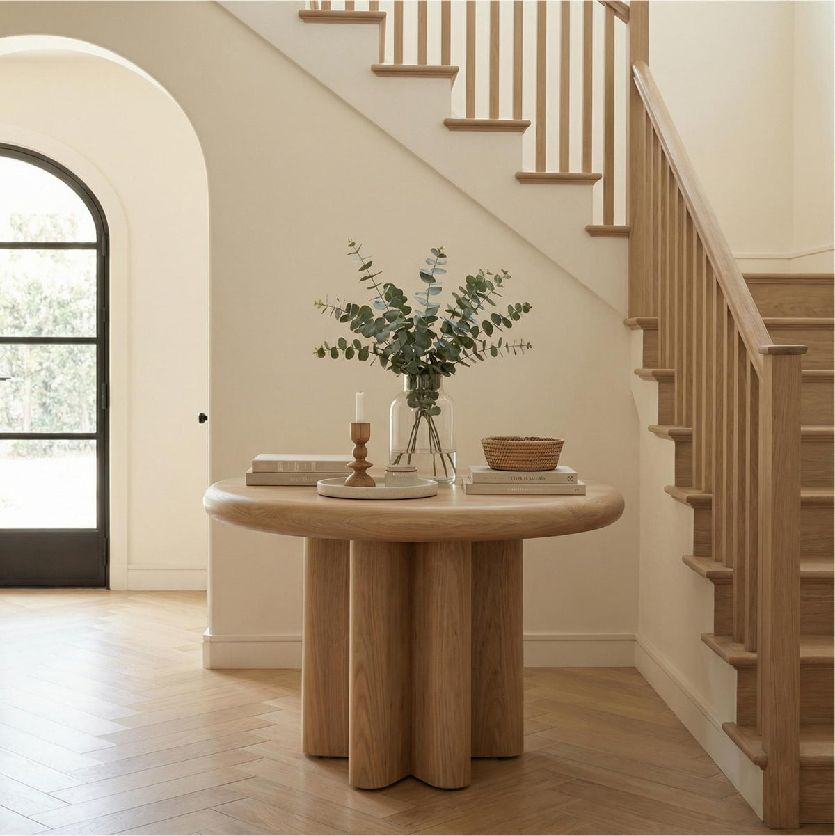 Modern Minimalist Round Entryway Foyer Table, Solid Wood Hallway Center Table for Home Decor