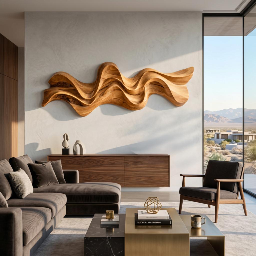 Modern Wavy Wall Art Sculpture, 3D Abstract Fluid Wave Carved Wood Wall Panel for Living Room & Office Decor