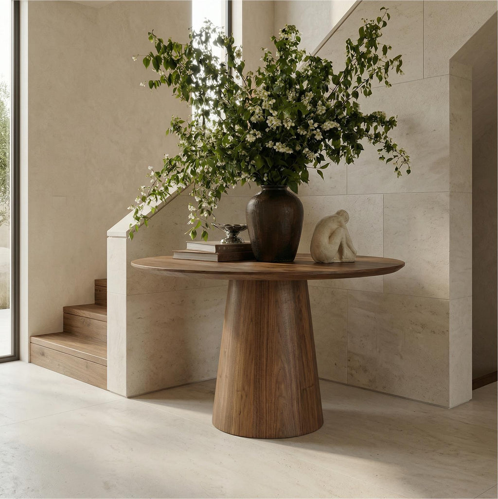 Minimalist Round Entryway Table, Solid Wood Modern Foyer & Hallway Accent Pedestal Table