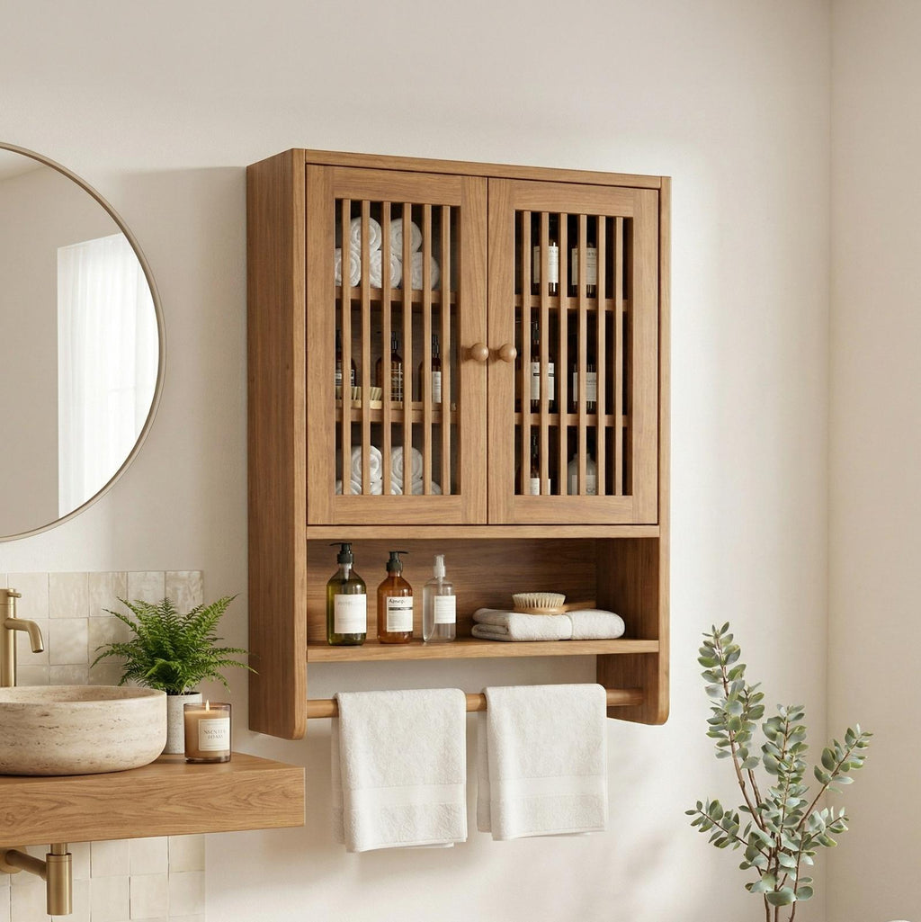 Bathroom Cabinet with Shelves, Solid Wood Wall Storage Organizer Cupboard for Bathroom Space