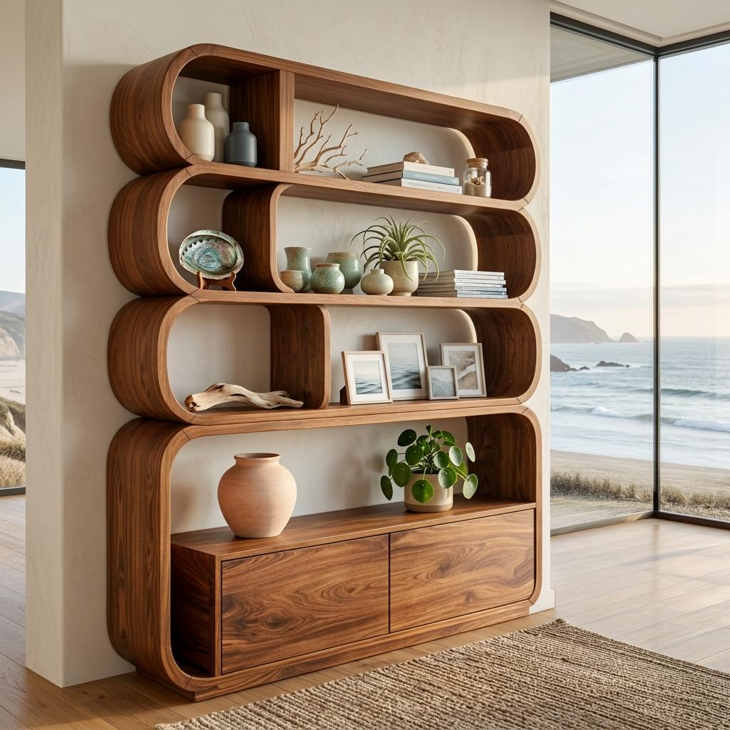 Modern Natural Wood Bookshelf with Curved Structure, Handcrafted Solid Wood Bookcase for Living Room & Office