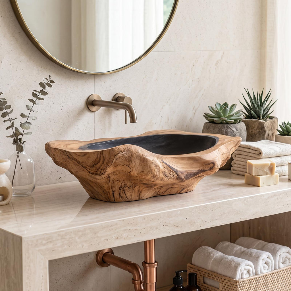 Handcrafted Solid Wood Sink, Live Edge Wooden Vessel Wash Basin Bowl with Natural Wood Grain Texture for Farmhouse Bathroom Vanity