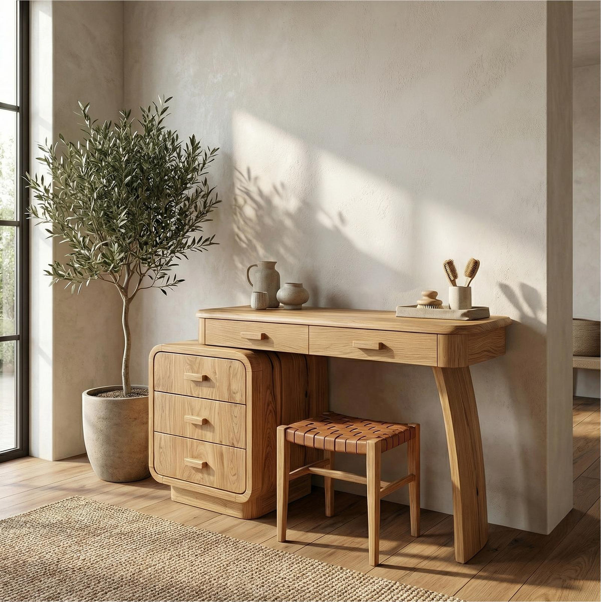 Spry Interior Minimalist Vanity Dressing Table with Storage Cabinet, Solid Wood Curved Sculptural Bedroom Makeup Desk, SINLSABDT054
