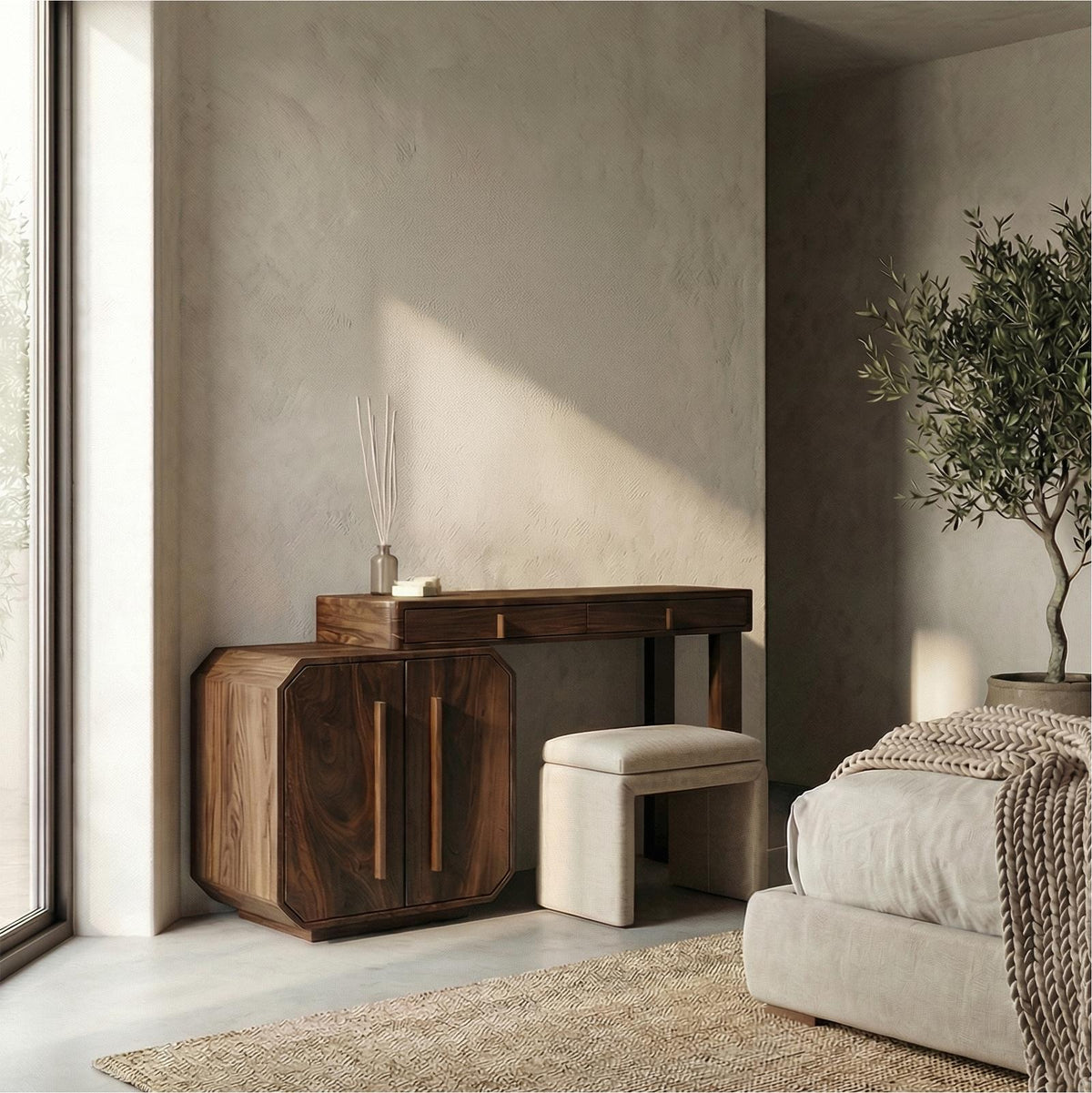 Contemporary Dressing Table With Storage Cabinet Sculptural Design For Bedroom