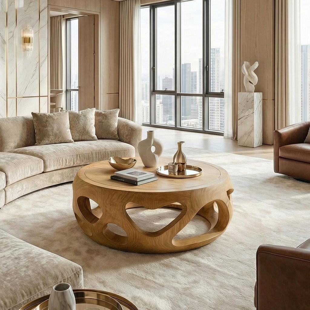Spry Interior Organic Coffee Table, Solid Wood Circular Hollow Sculptural Center Table, Modern Living Room Furniture, SINLSACF352