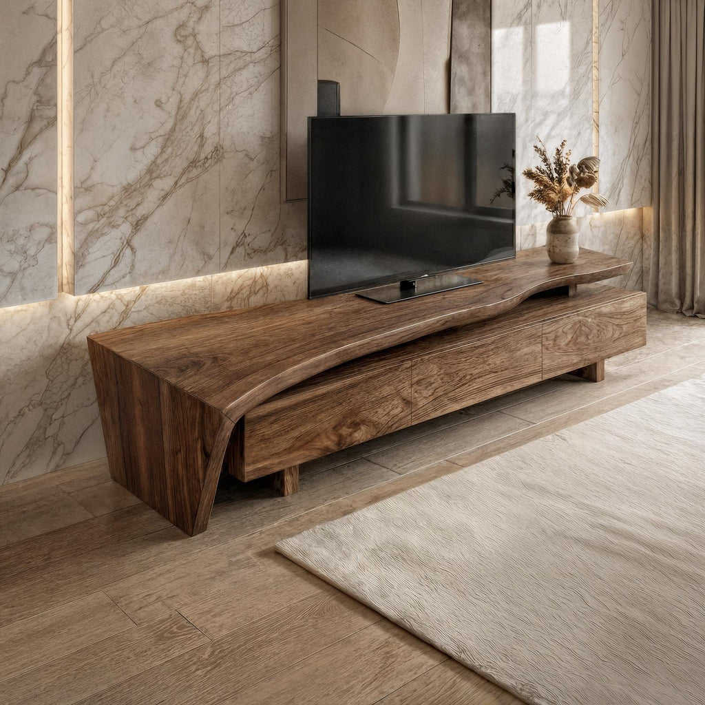 Sculptural Rustic TV Cabinet Solid Wood Living Room