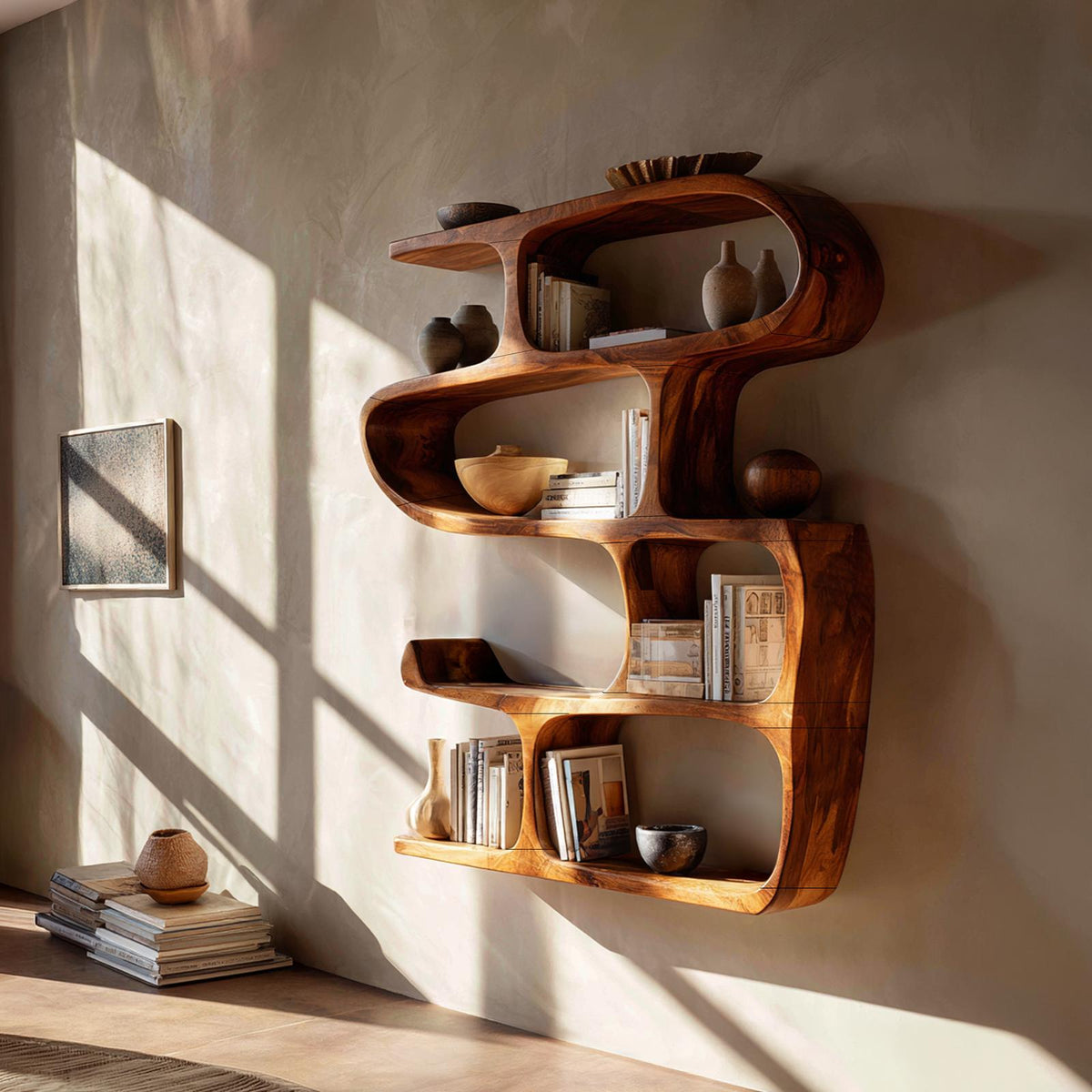 Modern Curved Bookshelf, Stylish Wooden Bookcase & Console Storage Shelf for Hallway & Entryway