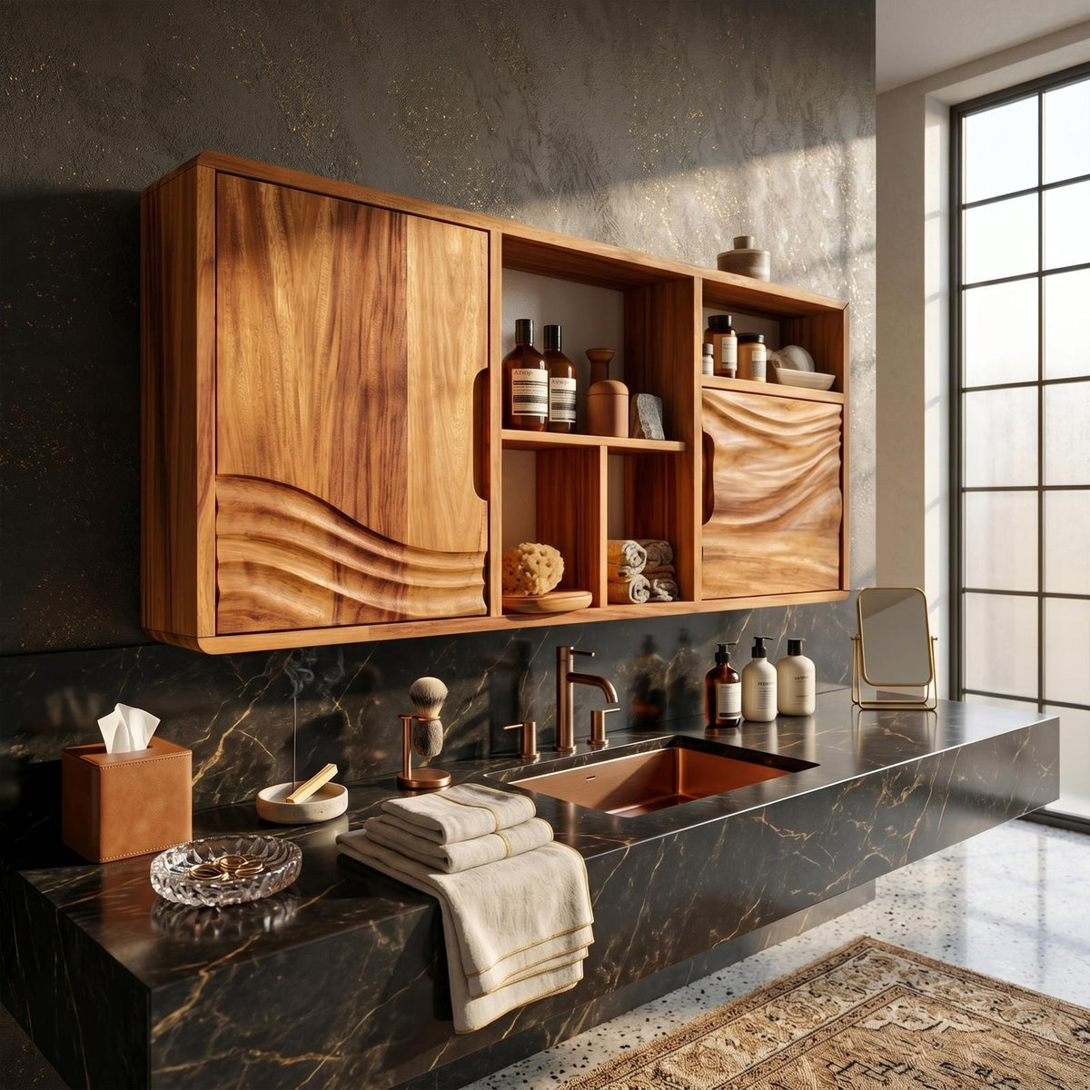 Spry Interior Organic Wood Wave Accent Bathroom Cabinet, Contemporary Urban Vanity Storage Credenza, SILDTTRBRC009