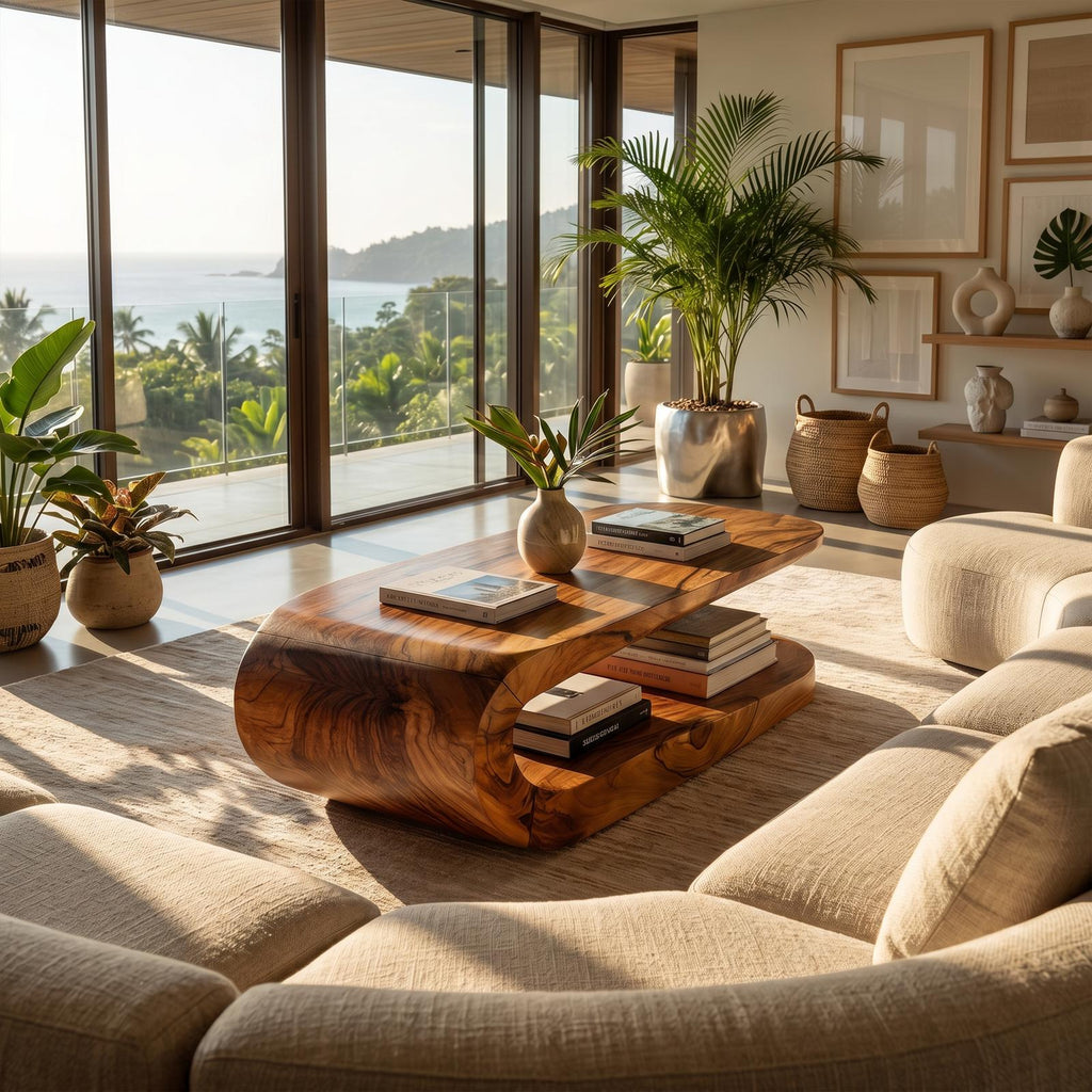 Farmhouse Natural Wood Coffee Table, Solid Wood Rustic Center Table for Country Cottage and Cabin Living Room