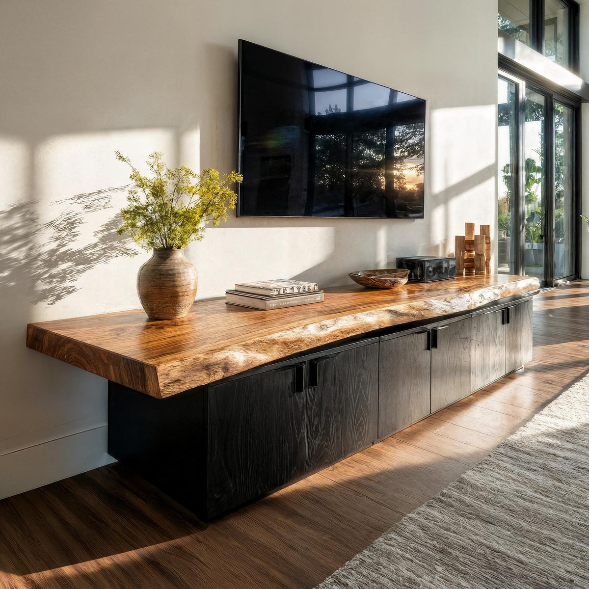 Contemporary TV Cabinet, Solid Wood Media Console Credenza with Multi-Storage for Living Room