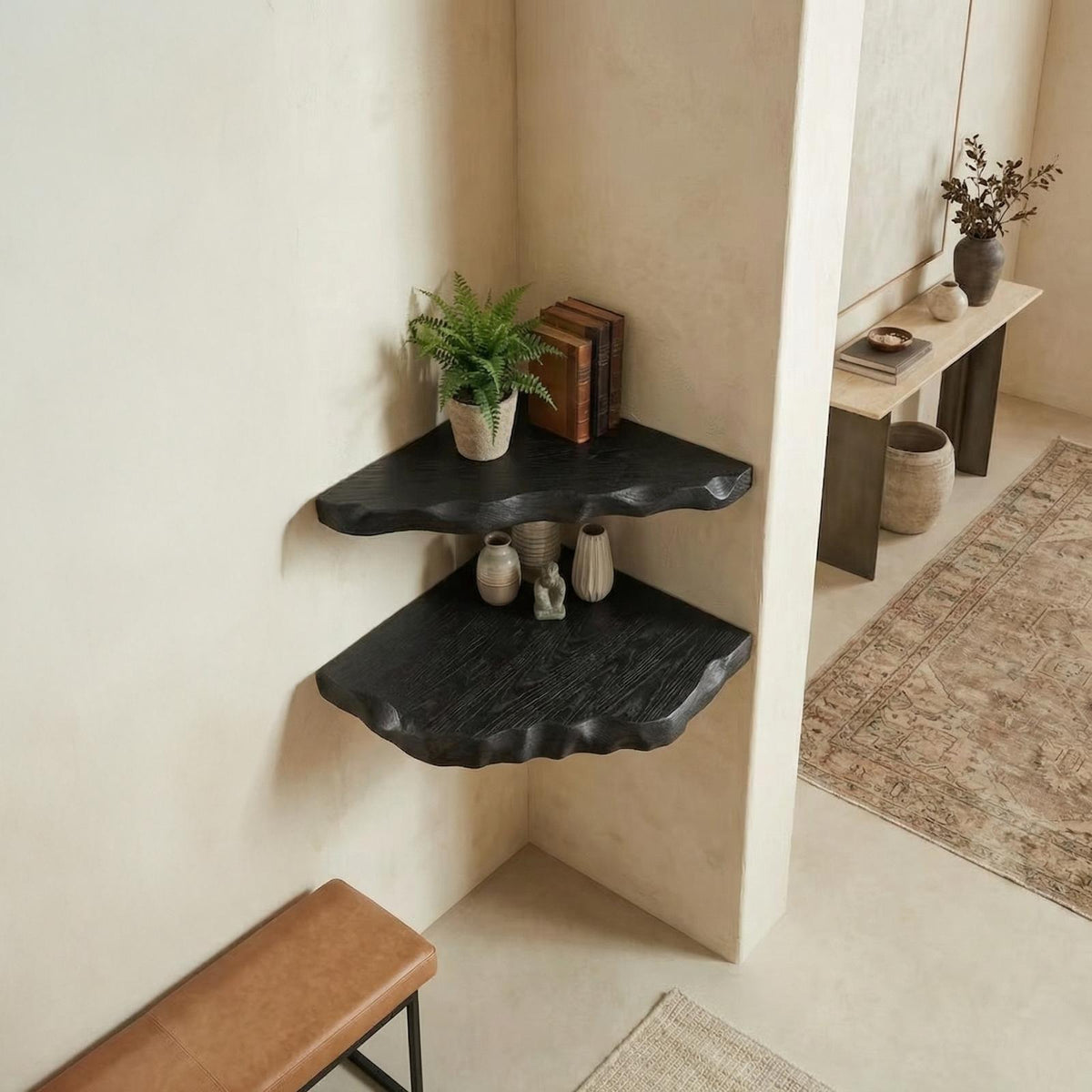 Organic Rustic Corner Shelf, Solid Wood Wall-Mounted Display Rack for Entryway & Hallway
