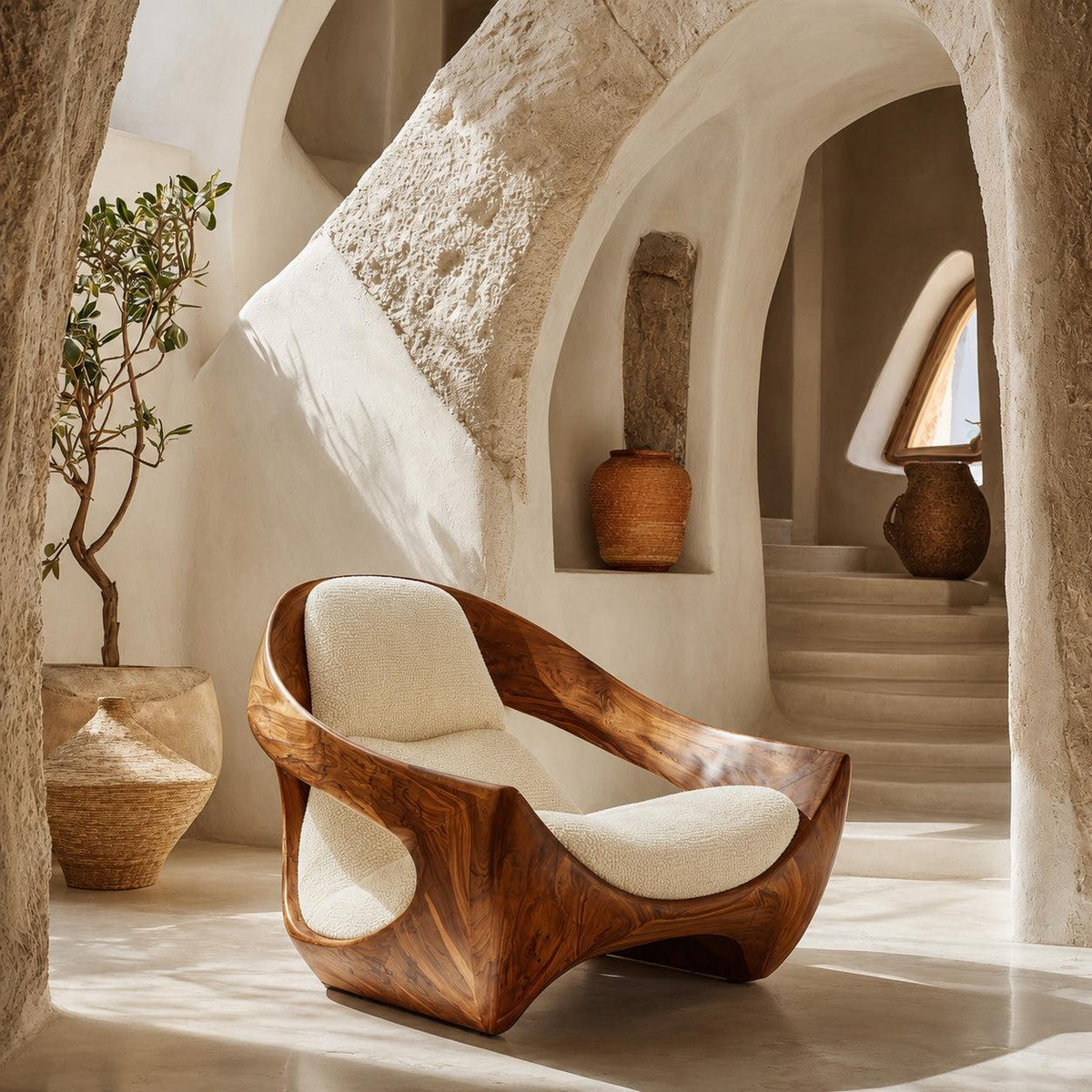 Spry Interior Artistic Natural Wood Accent Chair, Sculptural Handcrafted Solid Wood Lounge Armchair for Contemporary Living Room, Model RTTHHNCHR150