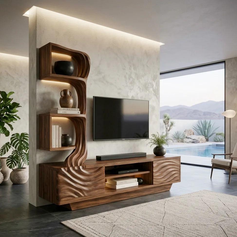 Modern Wave Carved TV Stand With Shelving For Living Room