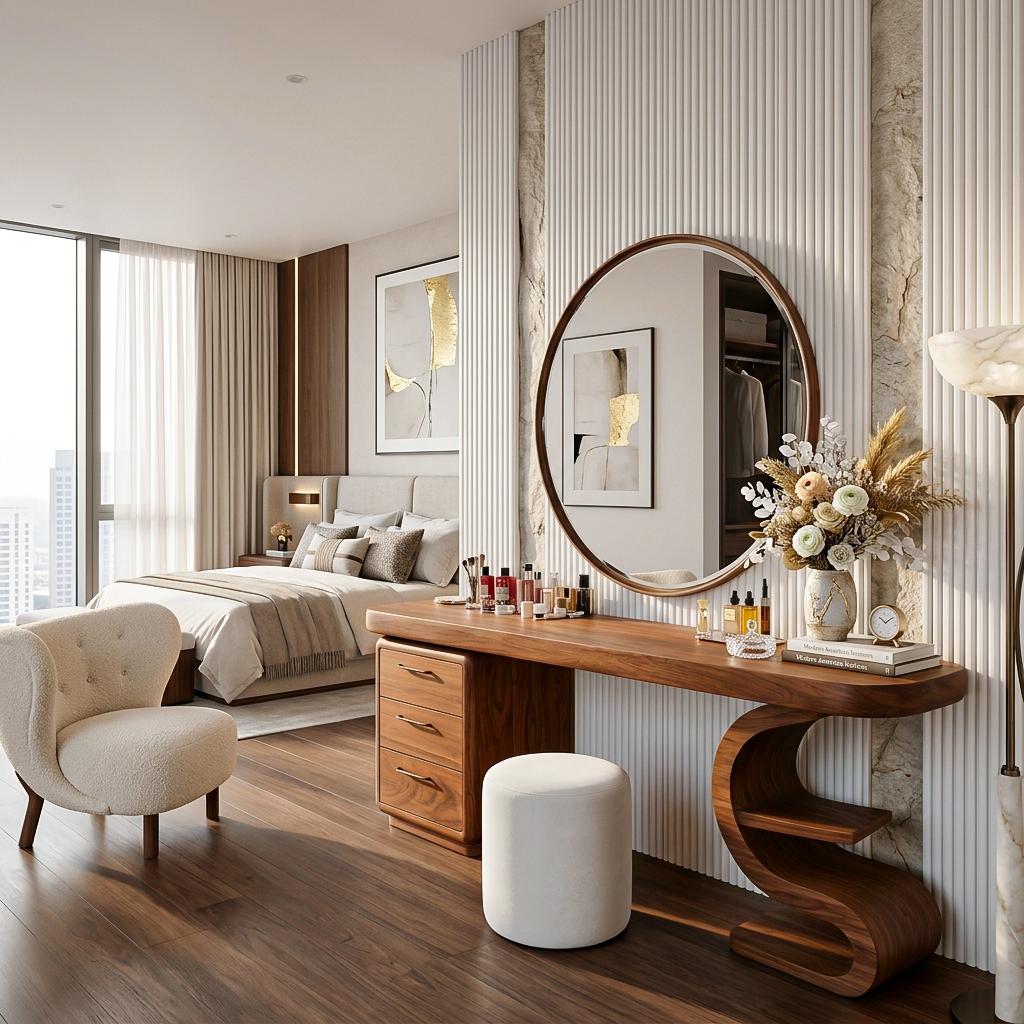 Spry Interior Modern Sculptural Vanity Table, Elegant Wooden Makeup Dressing Desk Console with Storage for Bedroom & Studio, SITHTTMV021