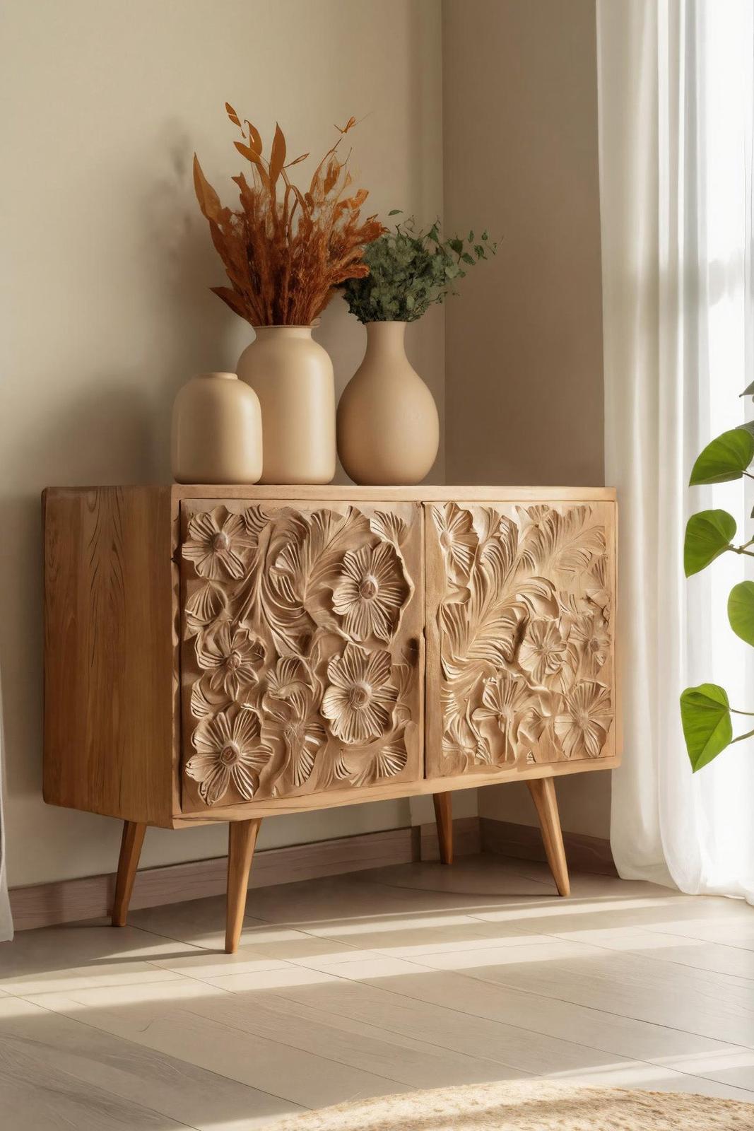 Spry Interior Handcrafted Floral Wood Cabinet, Carved Buffet Credenza Sideboard for Living Room & Dining Room Storage, SITHHNSIB006