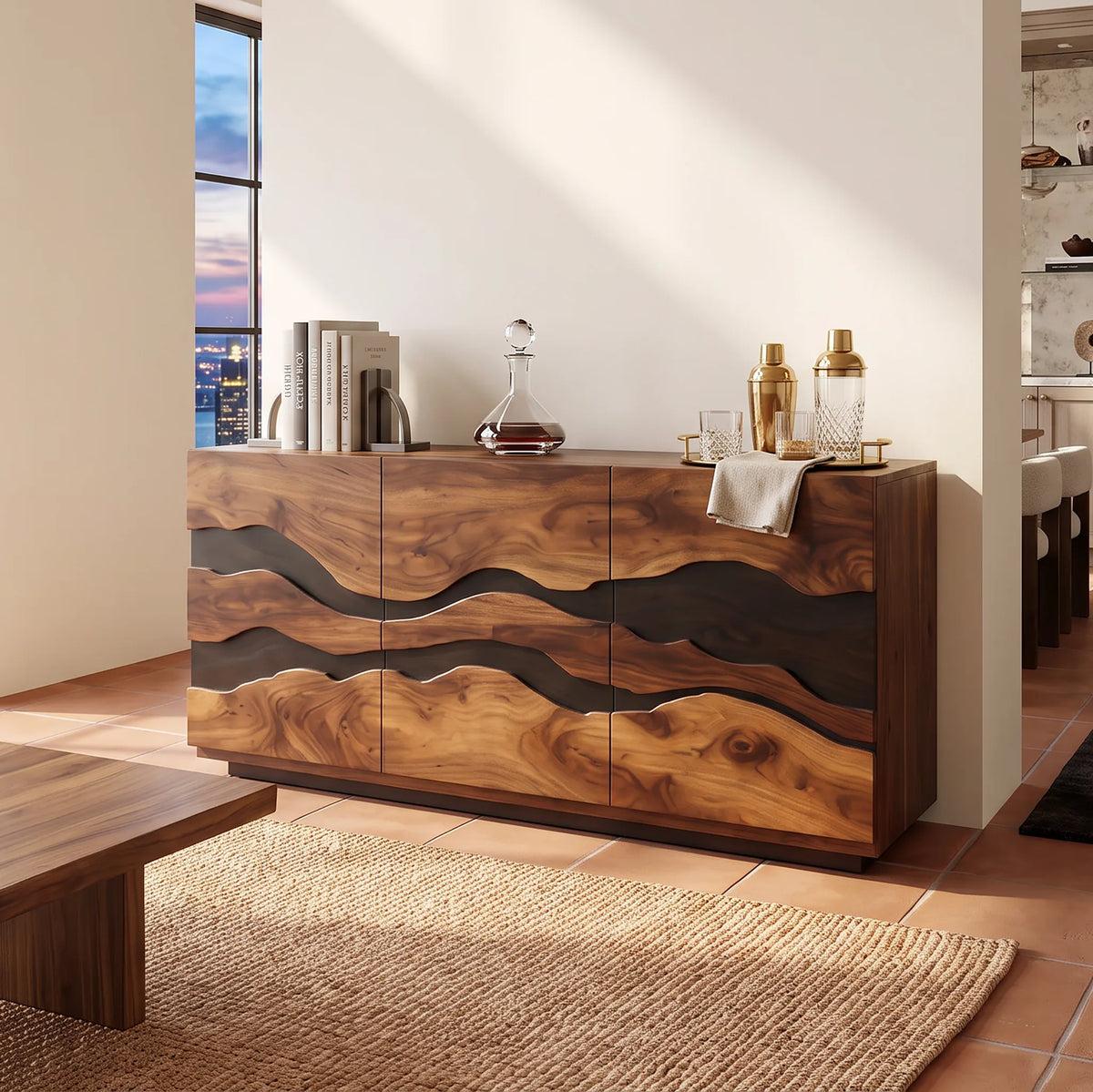 Modern Wave Carved Liquor Cabinet Dining Room