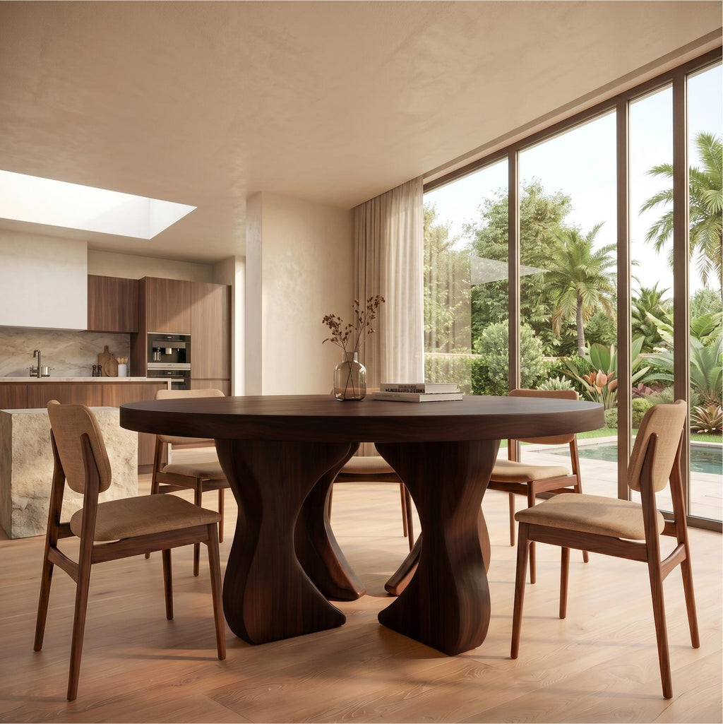 Modern Organic Round Dining Table, Handcrafted Solid Wood Pedestal Kitchen Table for Dining Room