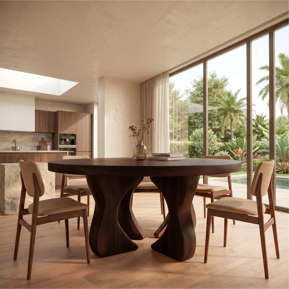 Modern Organic Round Dining Table, Handcrafted Solid Wood Pedestal Kitchen Table for Dining Room
