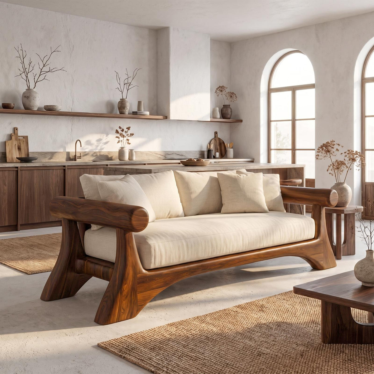 Minimalist Sofa Frame With Curved Solid Wood Arms For Living Room