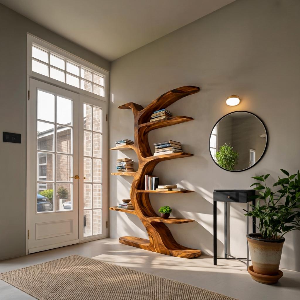 Modern Tree-Inspired Bookshelf, Handcrafted Wood Bookcase with Curved Branches for Living Room & Nursery Decor