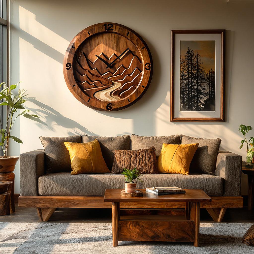 Rustic Wood Wall Clock, Mountain Landscape 3D Hand-Carved Nature Scene Wooden Clock for Living Room Wall Decor