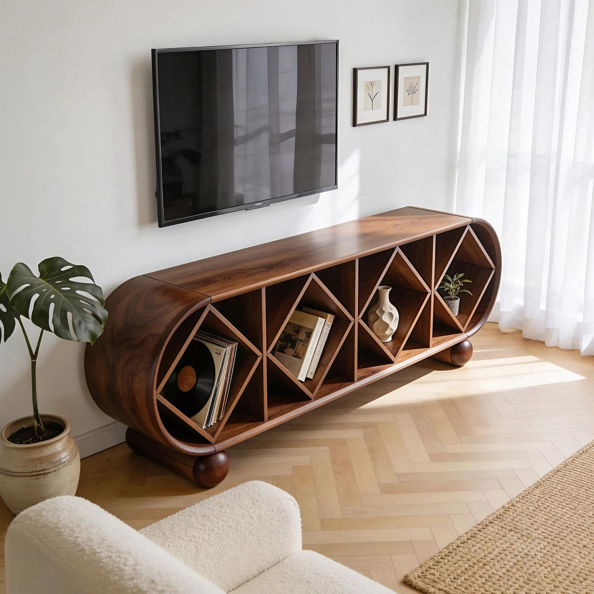 Contemporary Linear TV Console, Sleek Wooden Media Cabinet Sideboard for Living Room