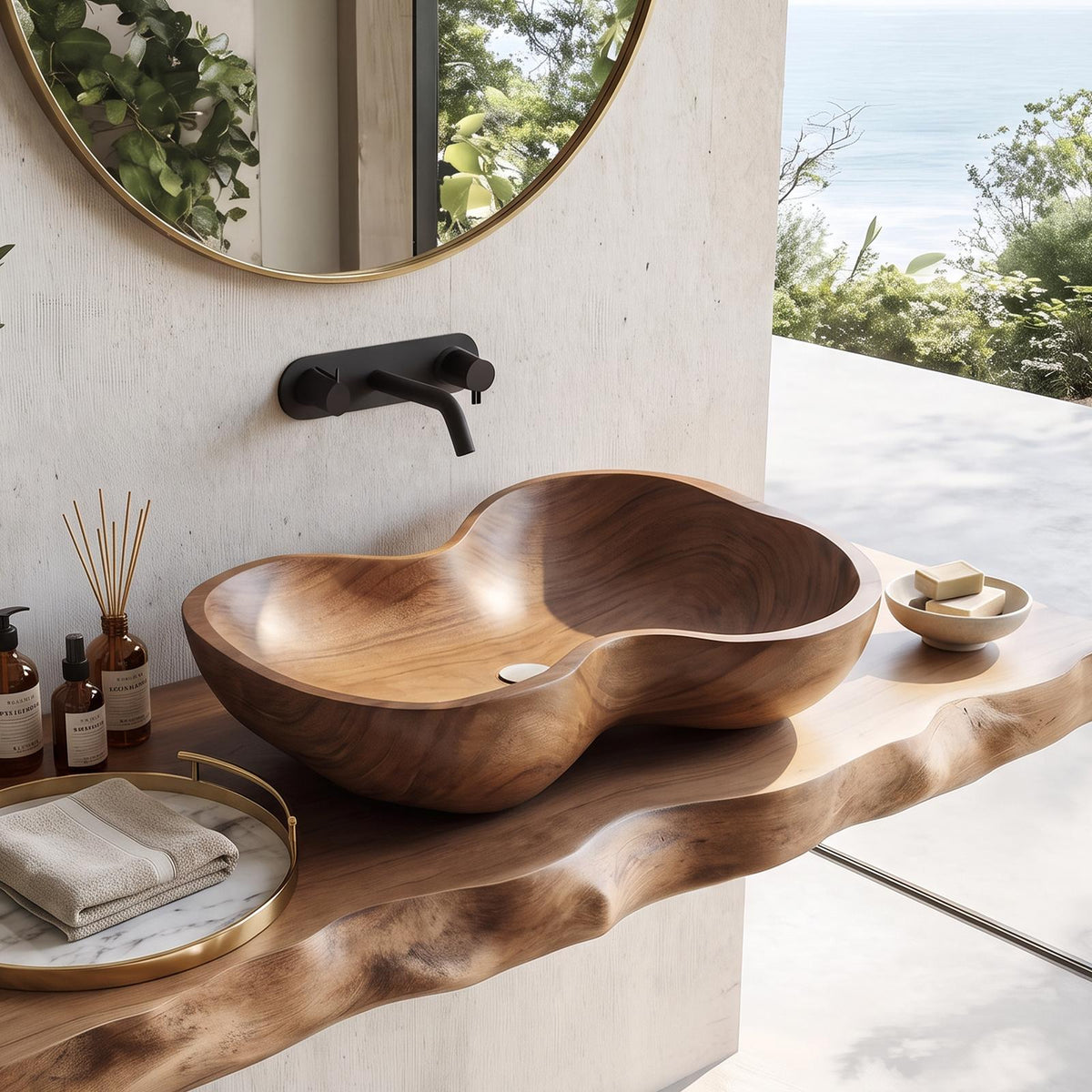 Rustic Wooden Vessel Sink, Handcrafted Natural Wood Bowl Wash Basin for Eco-Friendly Modern Bathroom Vanity