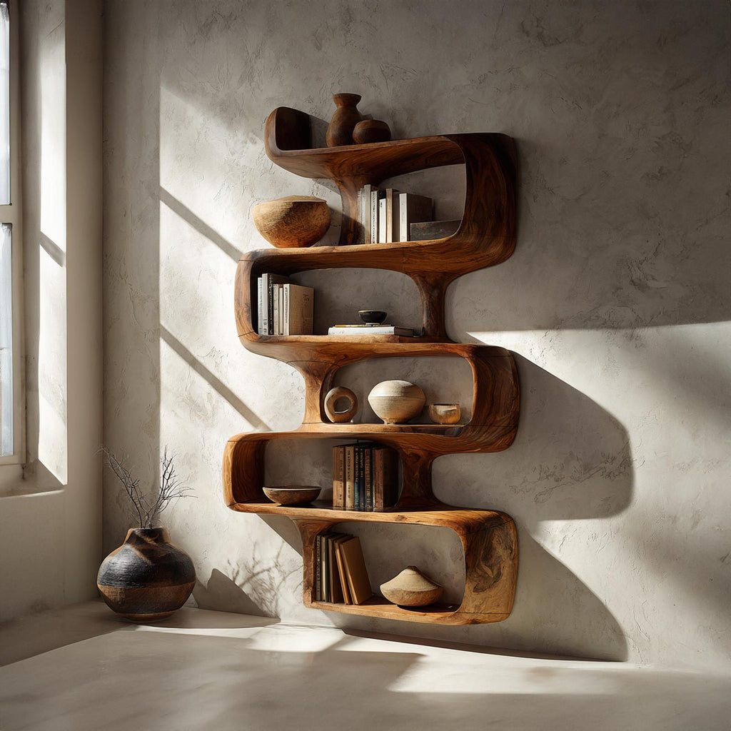 Mid-Century Modern Abstract Bookshelf, Geometric Wooden Bookcase Display Cabinet for Dining Room