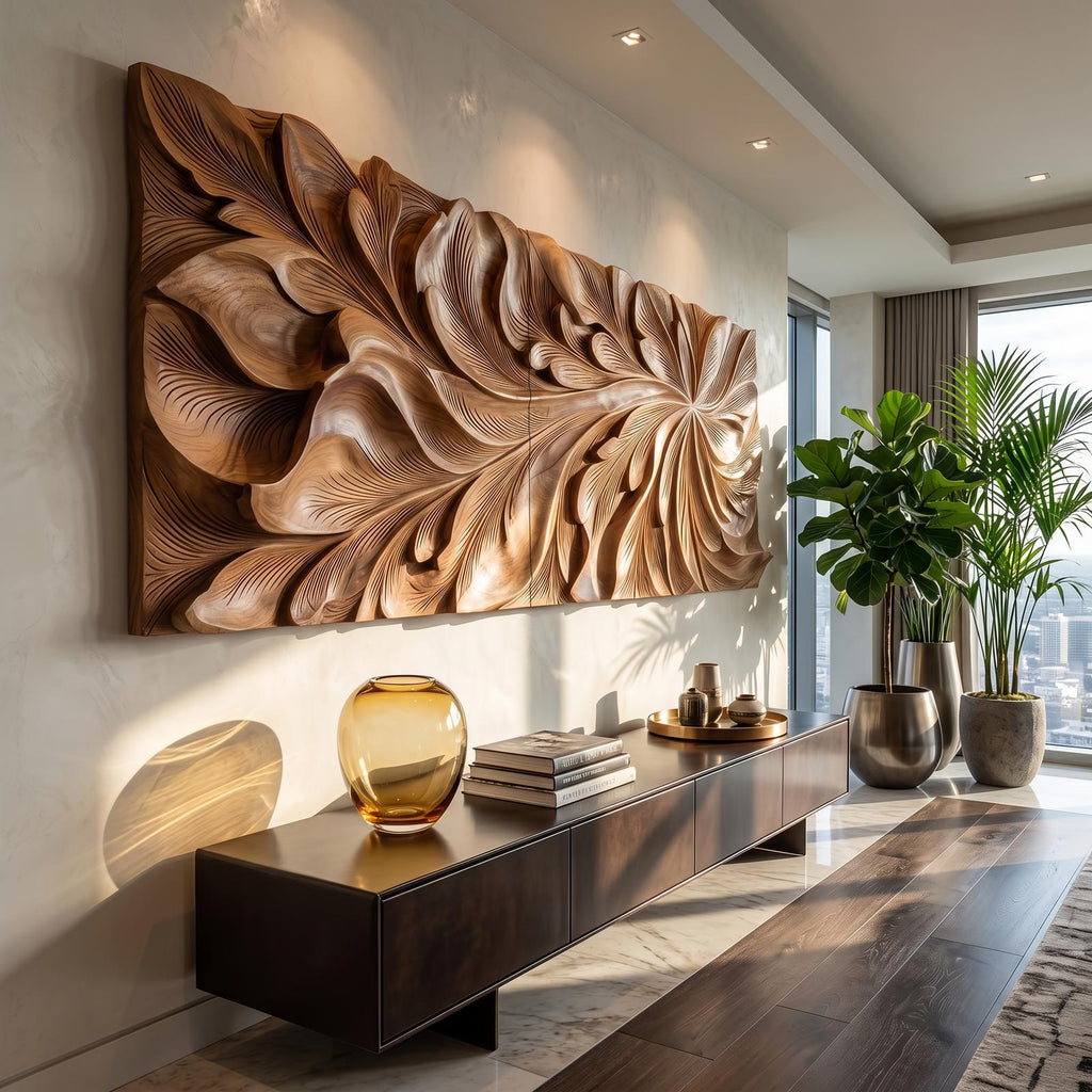 Luxury Wooden Wall Art with Floral Carving, Elegant Carved Wood Wall Panel for Living Room